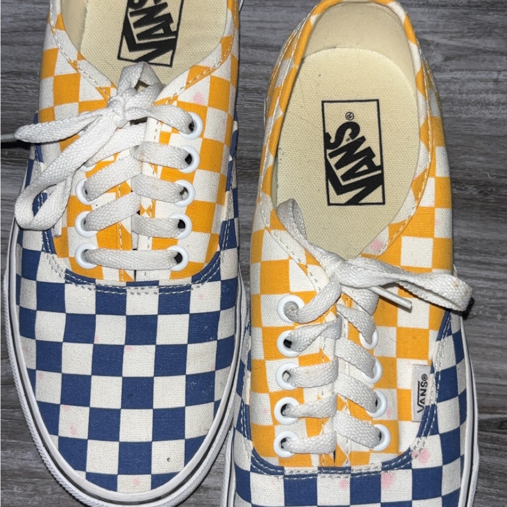Vans Checkerboard Blue and Yellow Women's Shoes - Picture 2 of 5